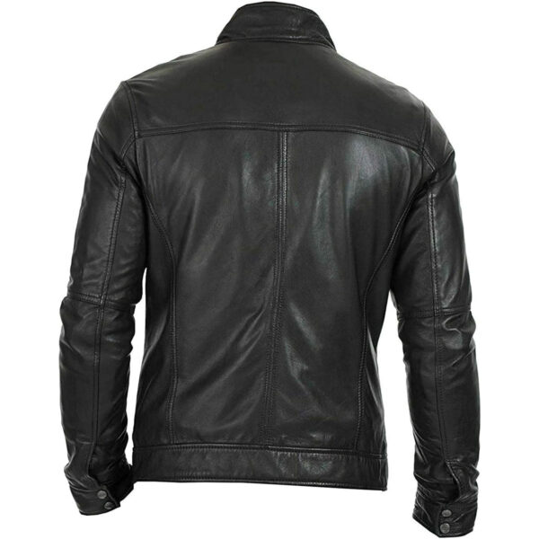 Mens Cafe Racer Vintage Stand Collar Style Slim Fit Black Real Leather Jacket - Image 2